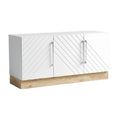 Moderne witte kast met houten voet en diagonale lijnen