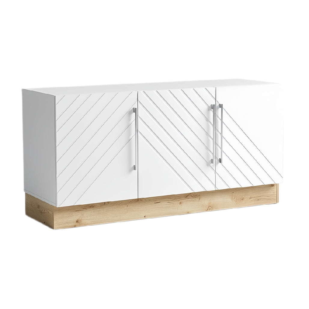 Moderne witte kast met houten voet en diagonale lijnen