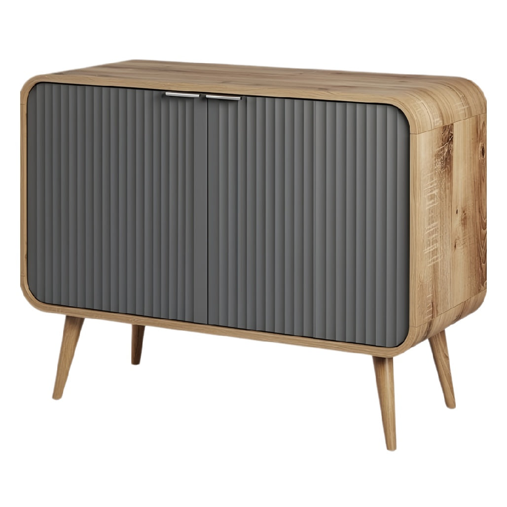 Moderne houten kast met ribbeldeuren en Scandinavisch design